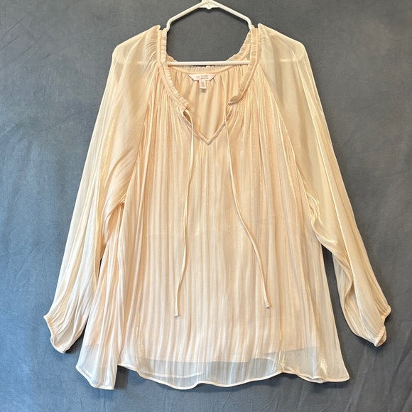 LC Lauren Conrad Tops - Lauren Conrad Women’s Plus 2X Creamy Pearl Sheer Pleated Blouse Top Shimmer Boho